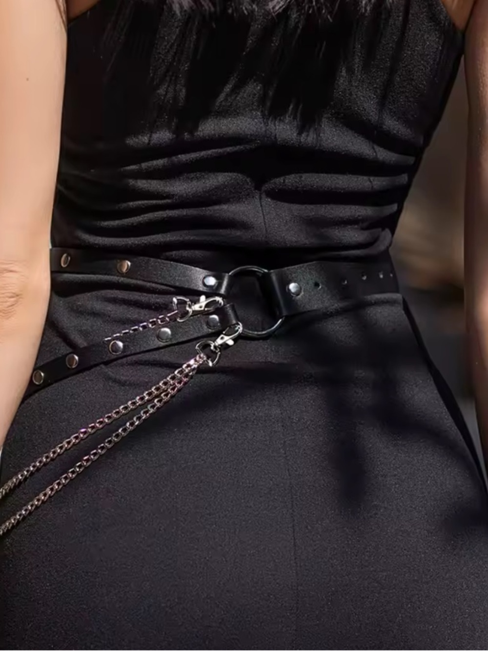 Black Studded Leather Chain Waist Belt - Women Accessories - Picture 3 of 9